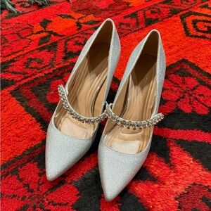 BCBG Sparkling Silver Heels with Rhinestone Strap